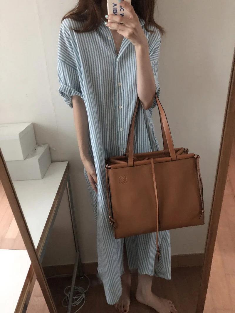 REALEFT Summer Vintage Striped Women's Shirts Dresses 2024 New Short Sleeve Single Breasted Casual Loose Long Dress Female