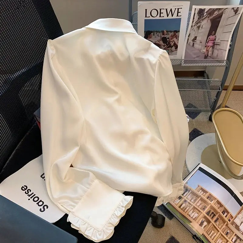 Spring Autumn New Fashion Polo Neck Long Sleeved Blouse Solid Color Casual Versatile Clothing Commuter Western Women's Shirts