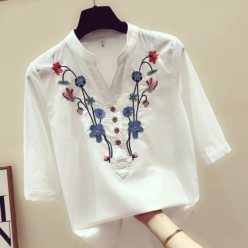 New V-Neck Shirts 2024 Summer Womens Clothes Loose women's Shirts Cotton White Blouse Elegant Embroidery Tops and Blouses 3140