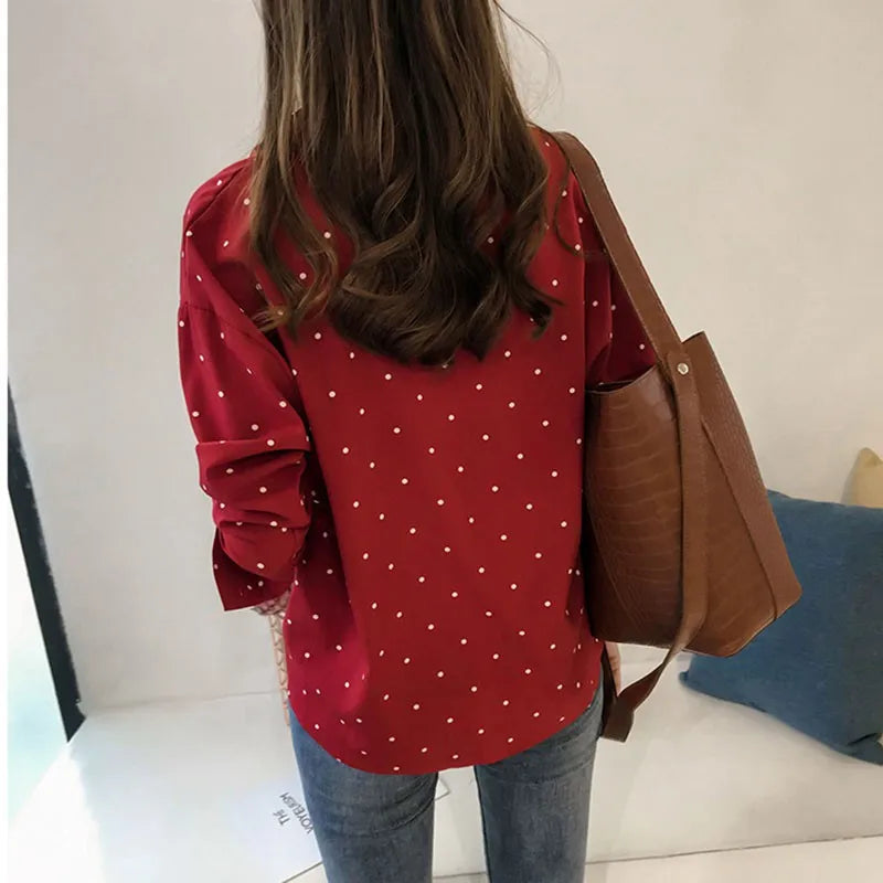 Women's Shirts Dot Print Button Turn-down Collar Long Sleeve Chiffon Blouse