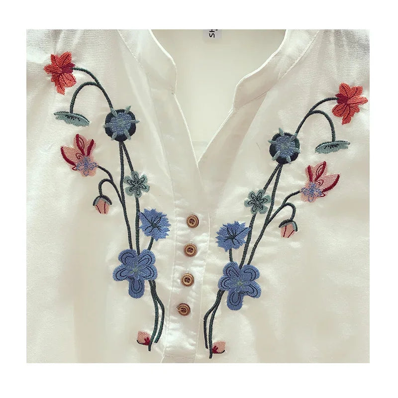 New V-Neck Shirts 2024 Summer Womens Clothes Loose women's Shirts Cotton White Blouse Elegant Embroidery Tops and Blouses 3140