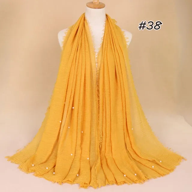 Plain Crinkled Cotton Muslim Hijab Scarf Women Ladies Scarfs Shawls Tassel Head Wrap Pearl Beads Head Scarves Soft Muffler Stole
