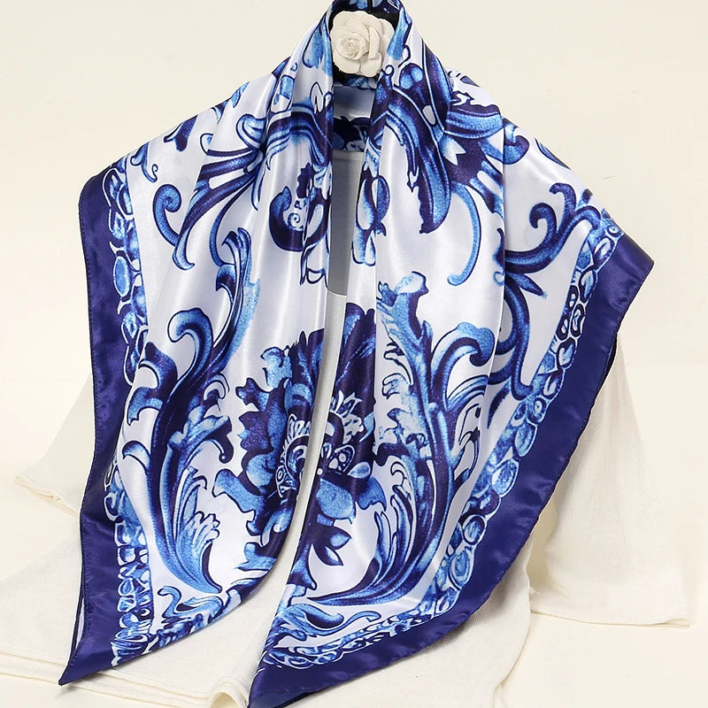 Chinese Style Blue And White Porcelain 90 Square Scarf Digital Floral Printed Handkerchief Muslim Hijab Shawls Bandana Turban