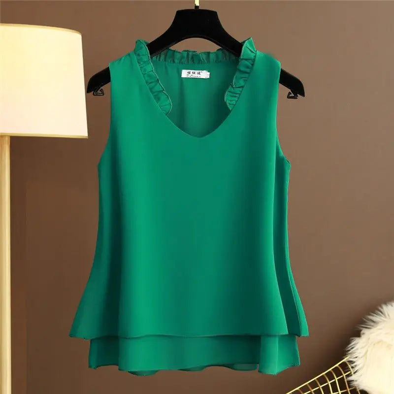 New Summer Loose V-Neck Sleeveless Chiffon Shirts Women's Tops Large Size Women's Shirts Women's Clothes Top  Blusas De Mujer