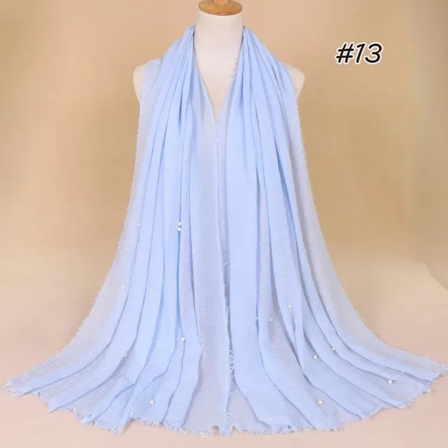 Plain Crinkled Cotton Muslim Hijab Scarf Women Ladies Scarfs Shawls Tassel Head Wrap Pearl Beads Head Scarves Soft Muffler Stole