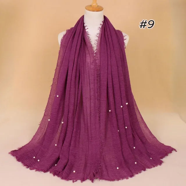 Plain Crinkled Cotton Muslim Hijab Scarf Women Ladies Scarfs Shawls Tassel Head Wrap Pearl Beads Head Scarves Soft Muffler Stole