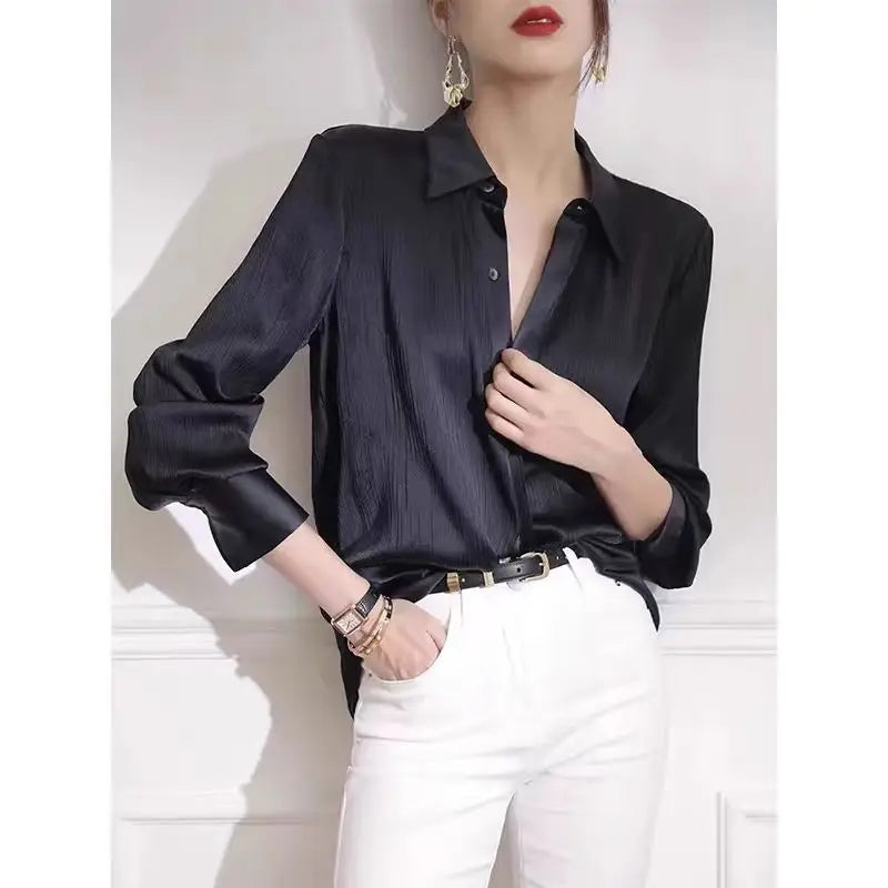 Women's Shirts Spring New Black Satin Texture Loose Long-sleeved Blouse Elegant Office Lady Work Wear Fashion Female Clothing