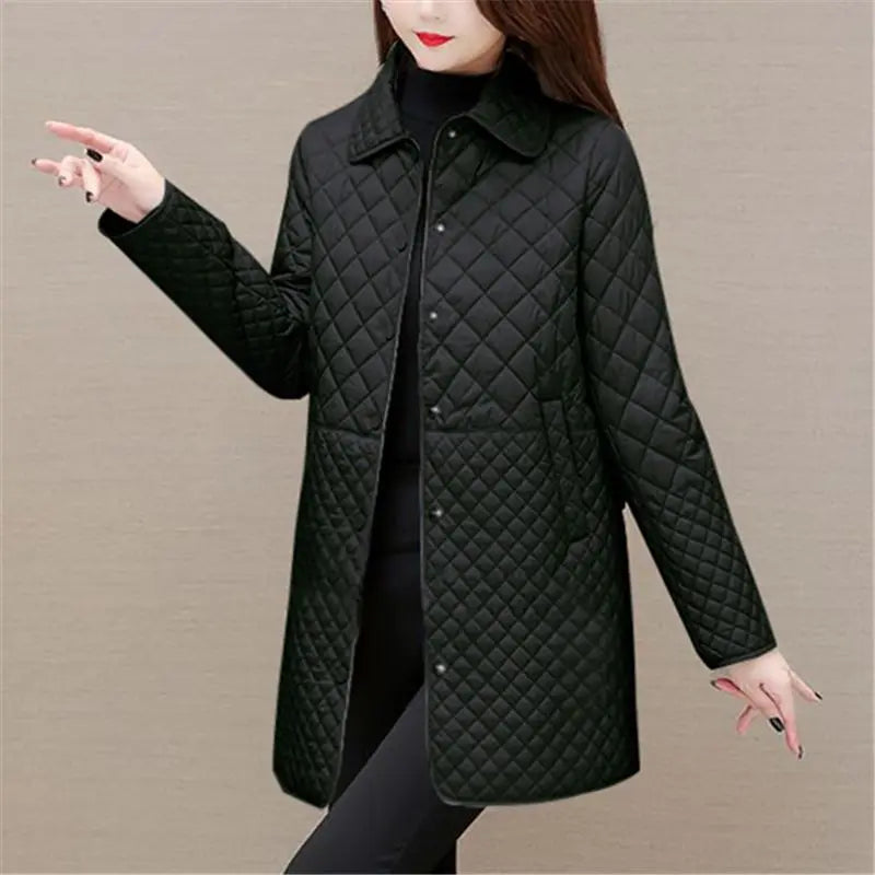 Autumn Winter Women Midi Plaid Quilted Coats Fashion Female Korean Clothing New Solid Casual Thicken Warm Long Sleeve Jackets