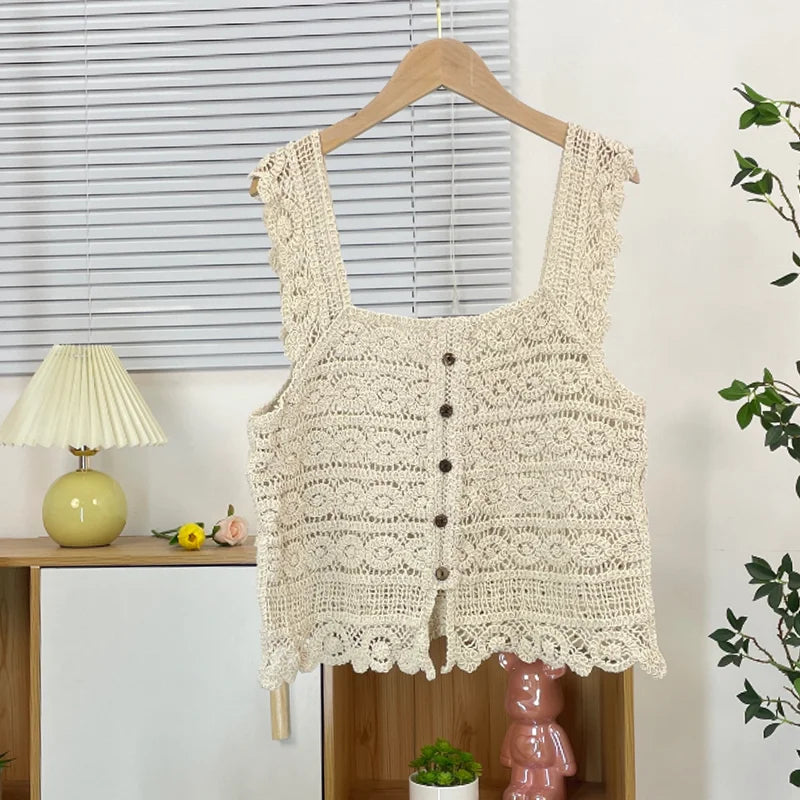 Square Neck Crochet Tank Top Button Front Sleeveless Sheer Open-knit Vest Blouse Women Spring Summer Boho Vacation Beach Outfit
