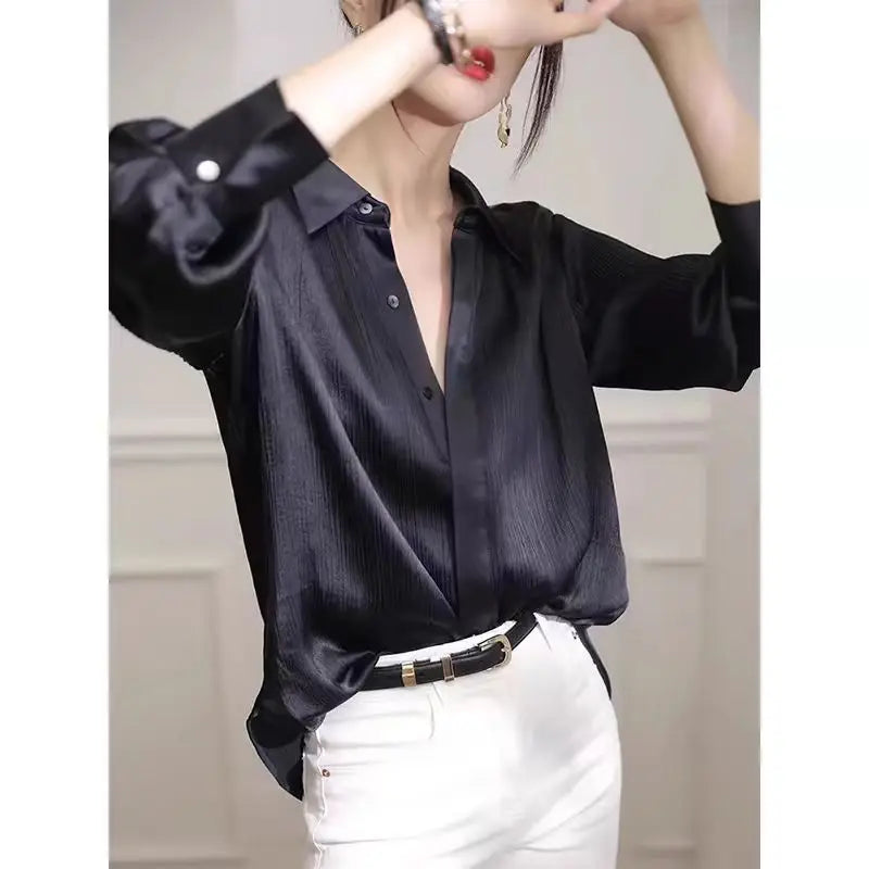 Women's Shirts Spring New Black Satin Texture Loose Long-sleeved Blouse Elegant Office Lady Work Wear Fashion Female Clothing