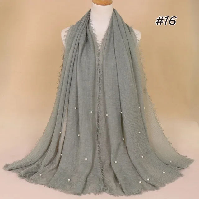 Plain Crinkled Cotton Muslim Hijab Scarf Women Ladies Scarfs Shawls Tassel Head Wrap Pearl Beads Head Scarves Soft Muffler Stole