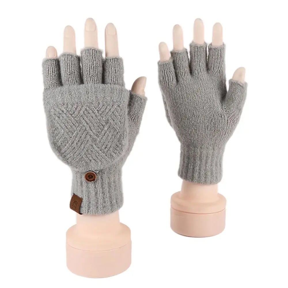 Women Winter Warm Gloves Thickening Wool Gloves Knitted Flip Fingerless Exposed Finger Thick Gloves Without Fingers Mittens
