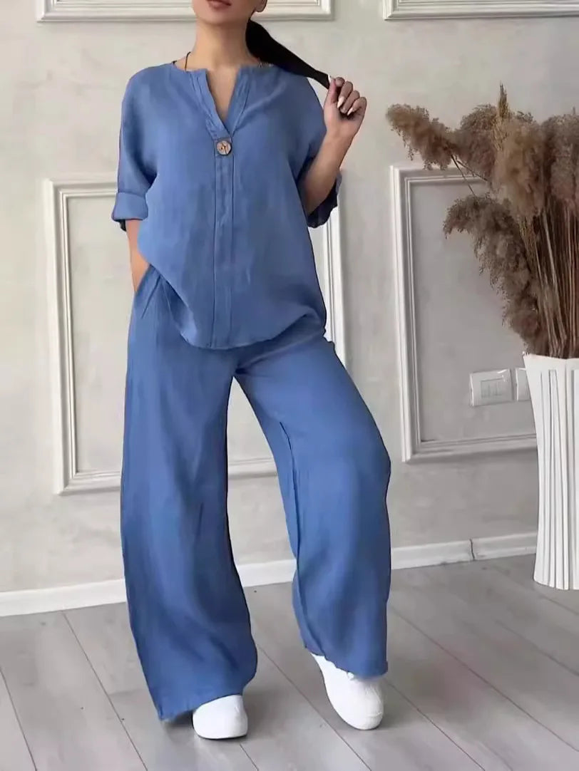 Women's Cotton and Linen Pants Suit Casual Solid Color Pullover Pants 2-piece Set White Pink