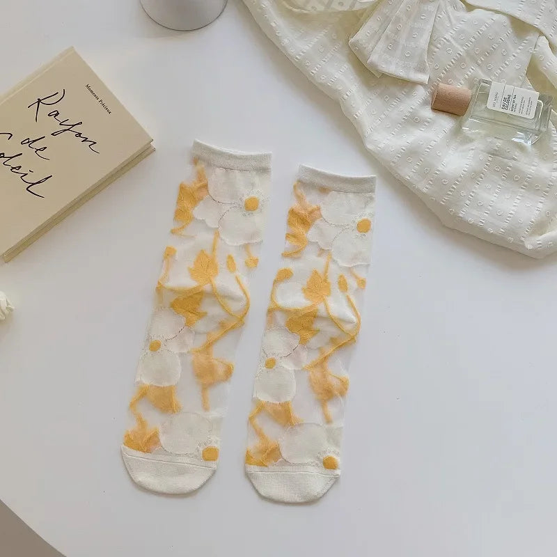 Summer Ultra-thin Crystal Silk Socks Floral Embroidery Harajuku Retro Elastic Long Socks Mesh Fishnet Transparent Lace Socks Sox