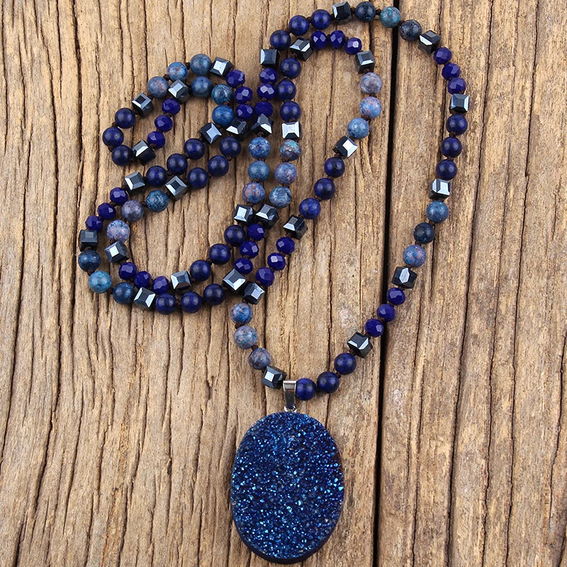 Fashion Bohemian Jewelry 6mm Stone/Crystal Knotted Druzy Charm Pendant Necklace For Women Boho Gift