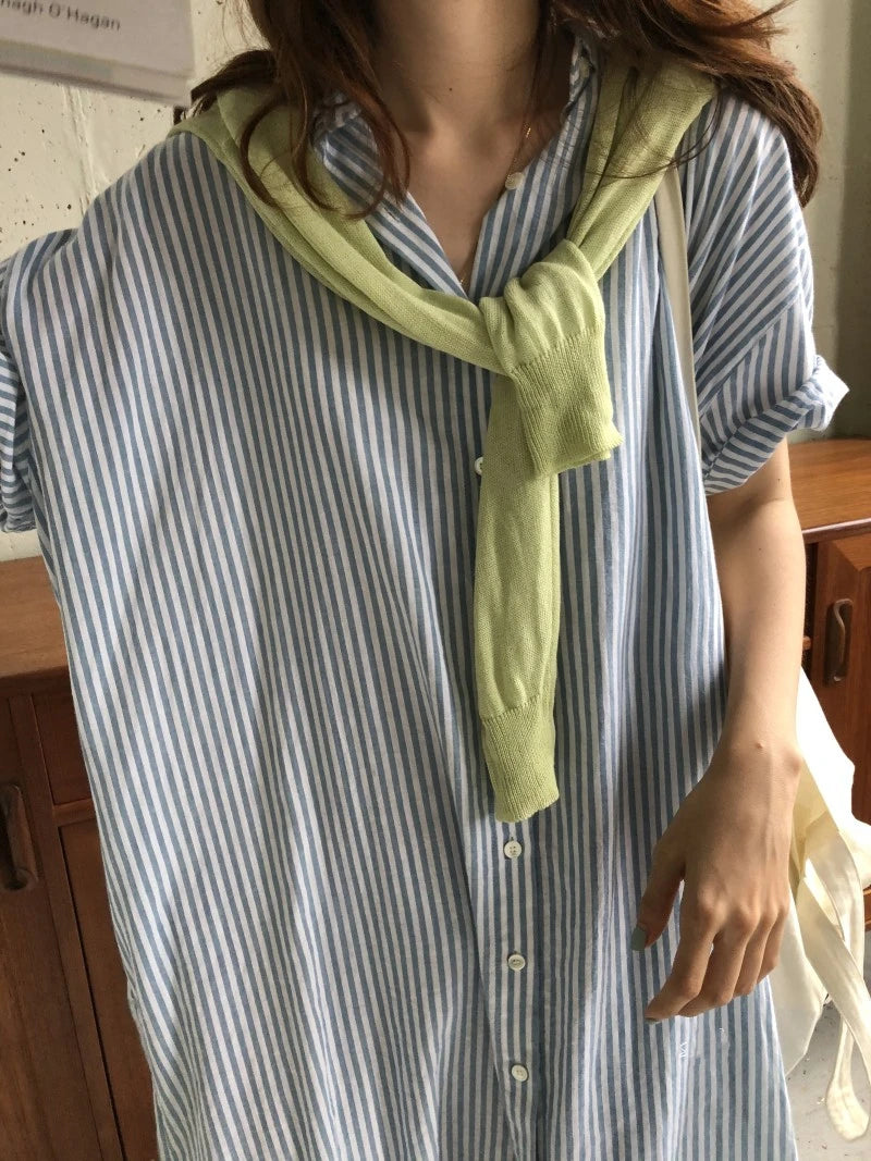 REALEFT Summer Vintage Striped Women's Shirts Dresses 2024 New Short Sleeve Single Breasted Casual Loose Long Dress Female