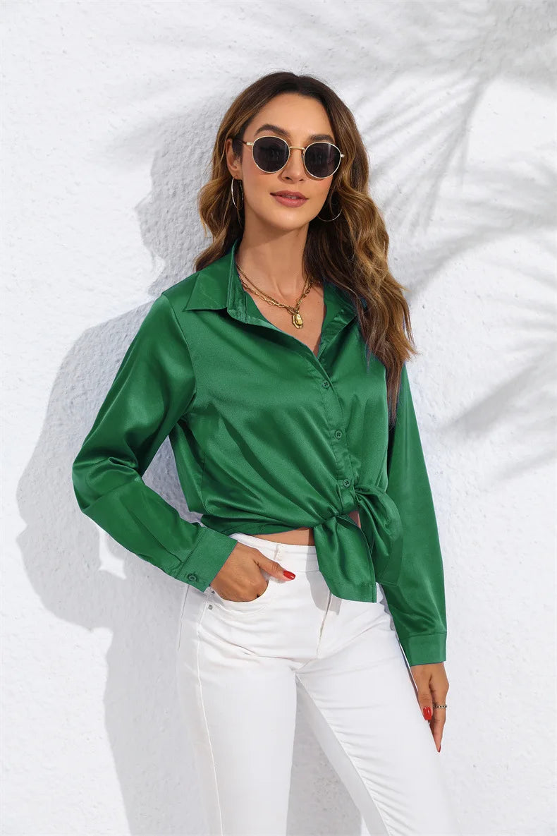 Spring and Autumn real photography in Europe and the United States women's solid color satin sateen long-sleeved women's shirts