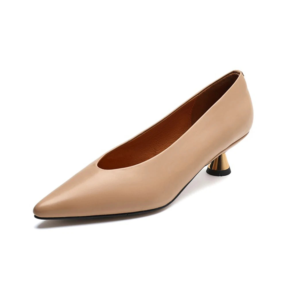 Taoffen Spring/Autumn Women's Pumps Real Leather Pointed toe High Heel Fashion Slip On Thin Heels Solid Casual Office Lady Shoes