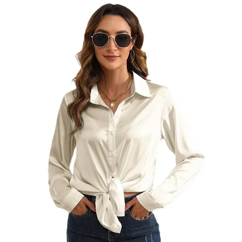 Spring and Autumn real photography in Europe and the United States women's solid color satin sateen long-sleeved women's shirts