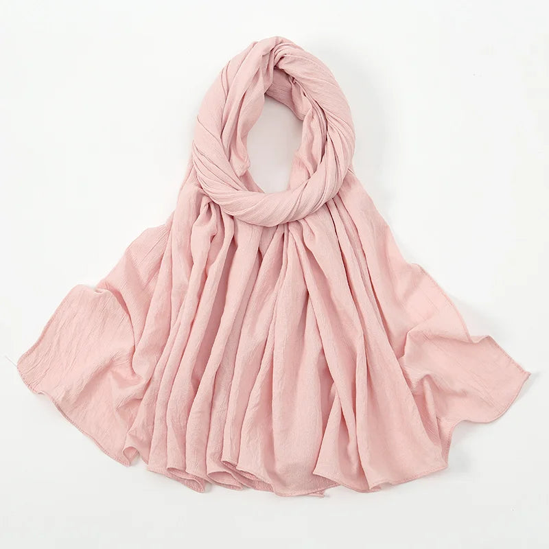 Plain Cotton Feel Wrinkle Hijab Scarf Woman Muslim Hijab Shawls Soft Long Wraps Solid Color Ladies Turban Elegant Headband Stole