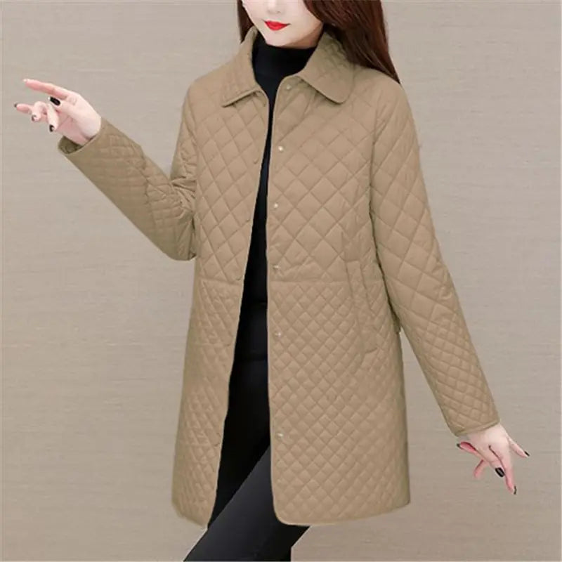 Autumn Winter Women Midi Plaid Quilted Coats Fashion Female Korean Clothing New Solid Casual Thicken Warm Long Sleeve Jackets