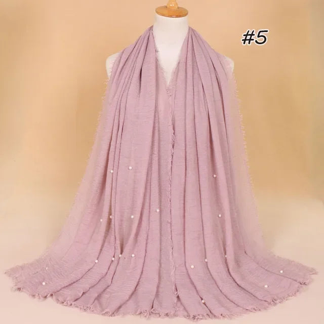 Plain Crinkled Cotton Muslim Hijab Scarf Women Ladies Scarfs Shawls Tassel Head Wrap Pearl Beads Head Scarves Soft Muffler Stole