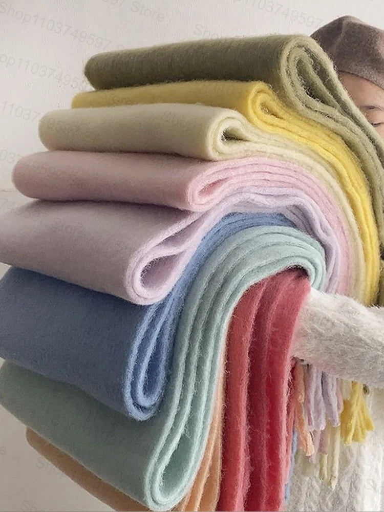 Winter Warm Thicken Scarf Luxury Cashmere Women's Scarfs Solid Color Minimalism Shawl Long Soft Fluffy Classic Tassel Shawls