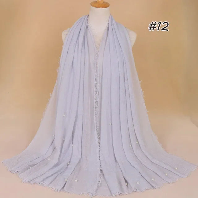 Plain Crinkled Cotton Muslim Hijab Scarf Women Ladies Scarfs Shawls Tassel Head Wrap Pearl Beads Head Scarves Soft Muffler Stole