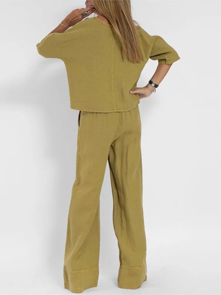 Summer Fashion New Solid Cotton Linen 2 Pieces Sets For Women Casual O-neck Short Sleeved Top + Wide Leg Pants Two Piece Set