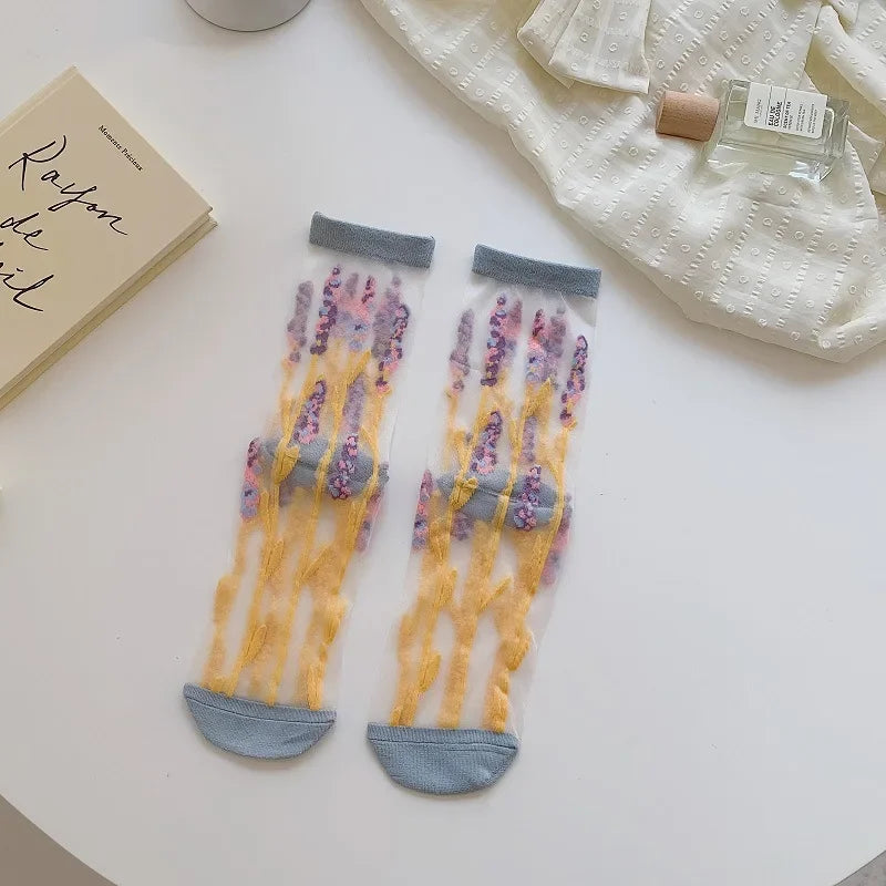 Summer Ultra-thin Crystal Silk Socks Floral Embroidery Harajuku Retro Elastic Long Socks Mesh Fishnet Transparent Lace Socks Sox