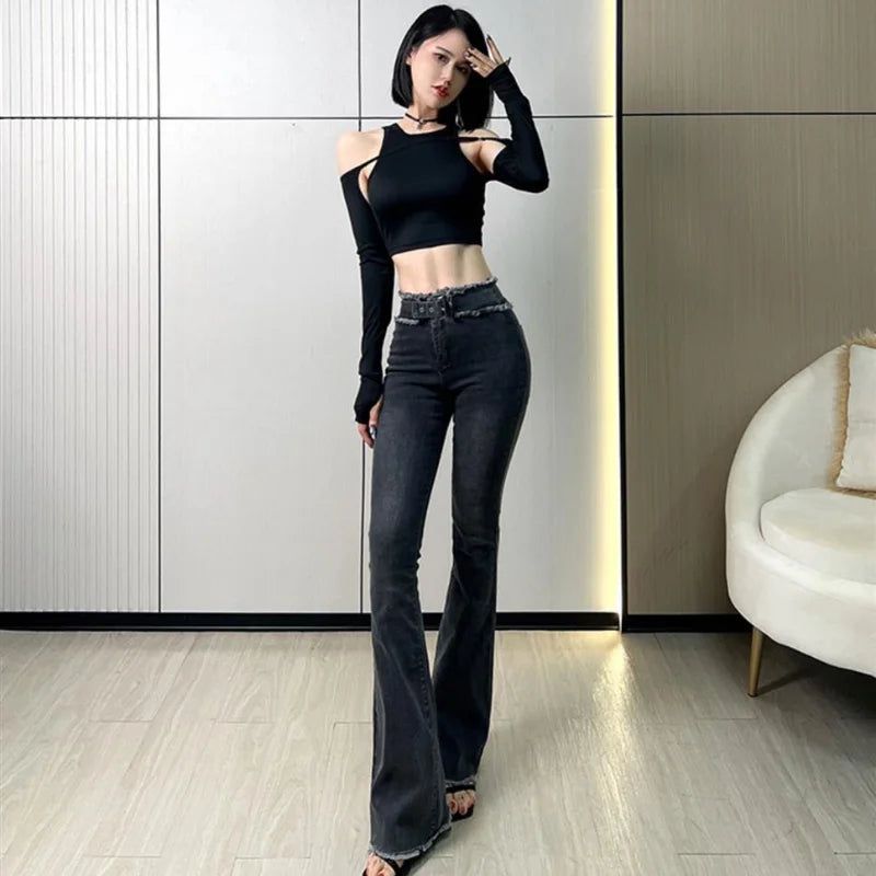 Denim Pants for Women Flare Flared Slim Fit Sexy Bell Bottom Skinny Women's Jeans Retro Medium Waist Cowboy Aesthetic Trousers A