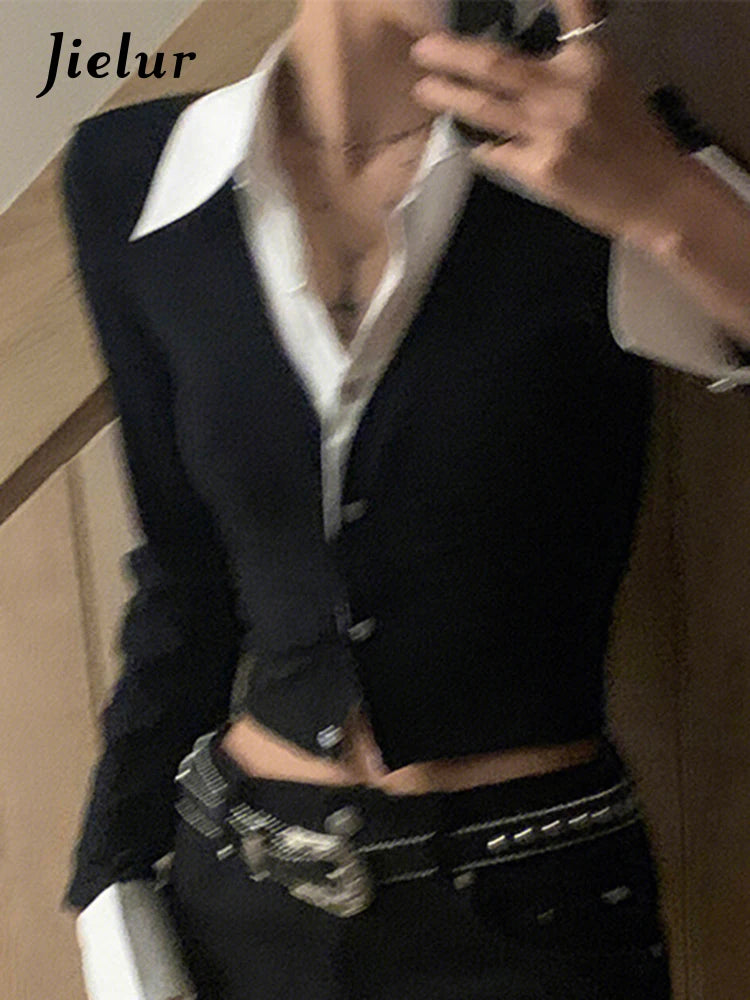 Jielur Sexy Fake Two Piece Set Women's Shirts Office Ladies V-neck Chic Slim Spell Color Single Breasted Fashion Female Shirt