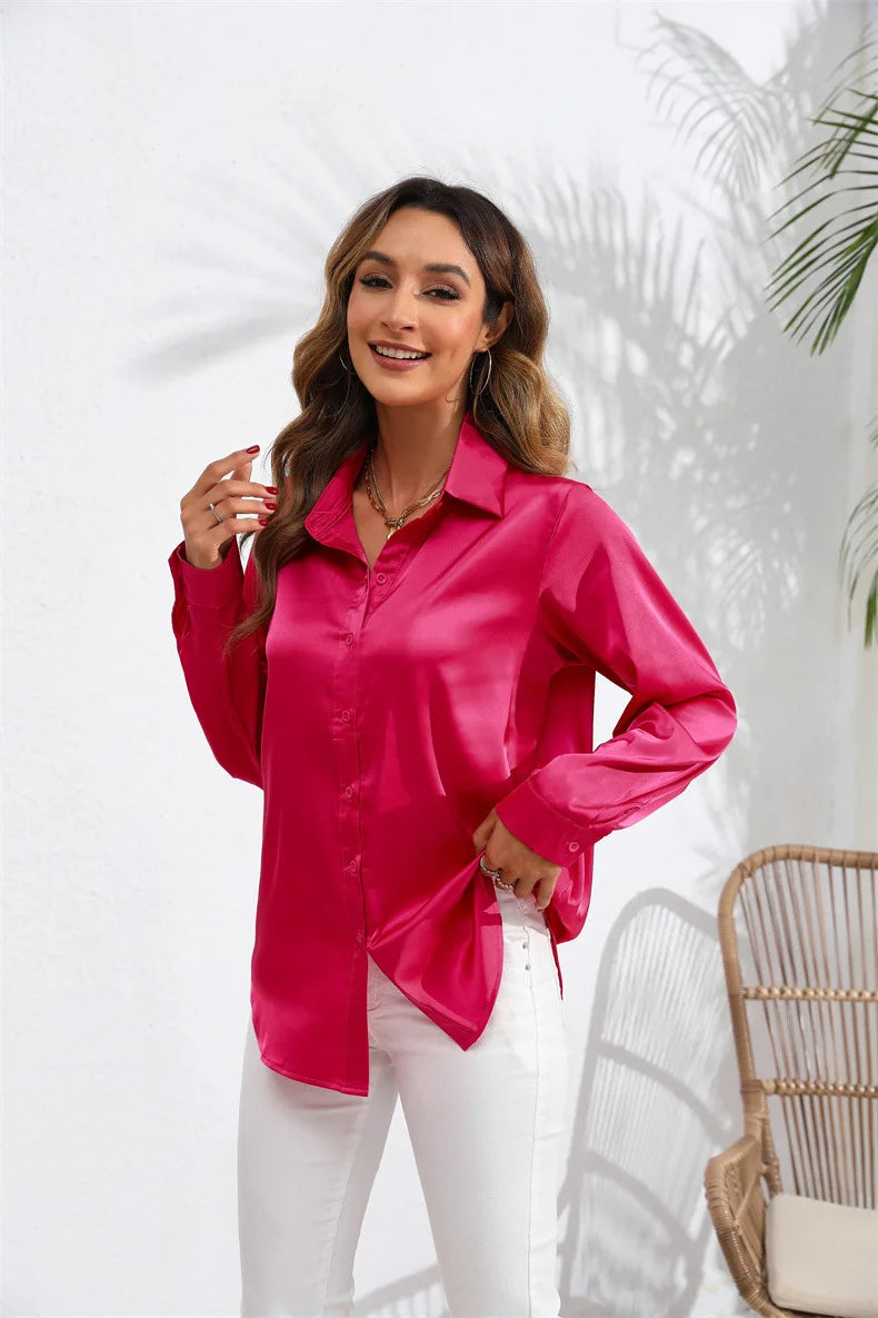 Spring and Autumn real photography in Europe and the United States women's solid color satin sateen long-sleeved women's shirts