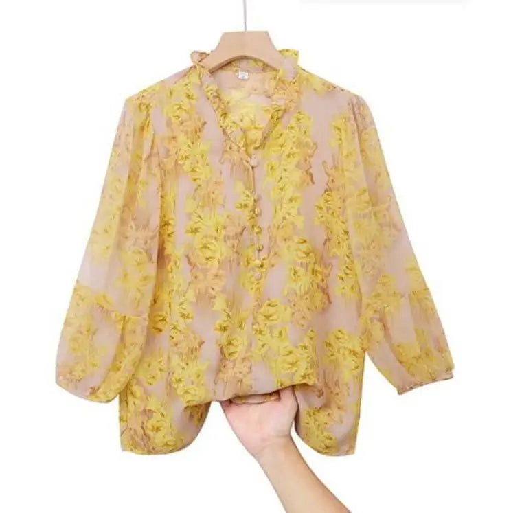 Spring and Summer New Women's Shirts Loose Fashion Casual Printing Pullover Half Neck Button Commuter Elegant Vacation Tops