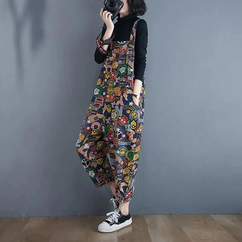 Printed Denim Strap Pants For Women's Jeans 2024 Spring Summer New High Waisted Versatile Loose Fitting Jumpsuit Female