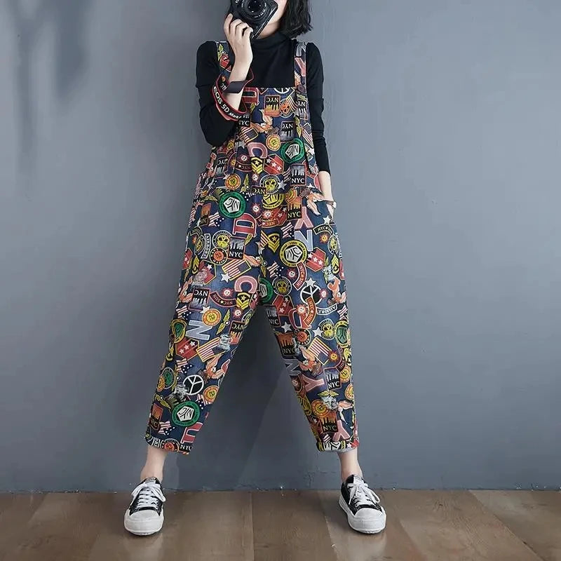 Printed Denim Strap Pants For Women's Jeans 2024 Spring Summer New High Waisted Versatile Loose Fitting Jumpsuit Female