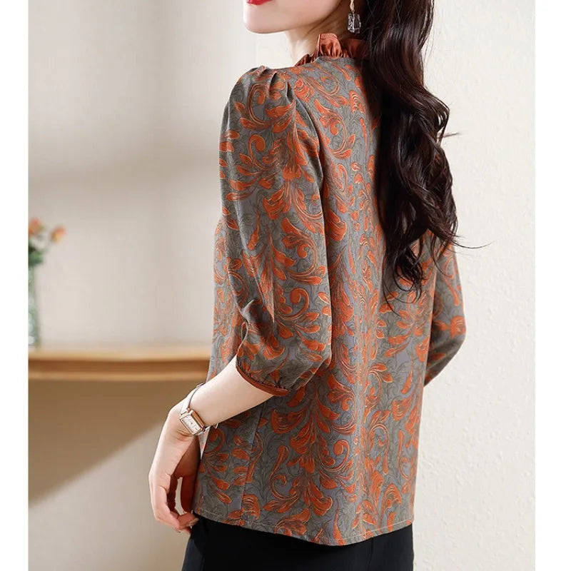 Spring and Summer New Women's Shirts Loose Fashion Casual Printing Pullover Half Neck Button Commuter Elegant Vacation Tops