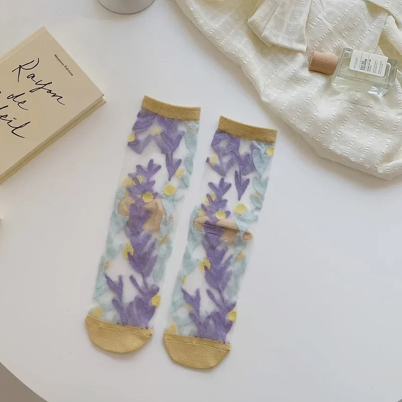 Summer Ultra-thin Crystal Silk Socks Floral Embroidery Harajuku Retro Elastic Long Socks Mesh Fishnet Transparent Lace Socks Sox