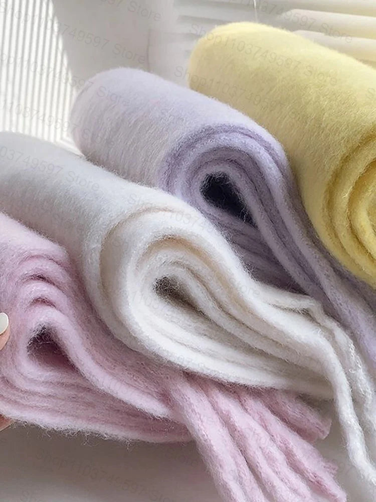 Winter Warm Thicken Scarf Luxury Cashmere Women's Scarfs Solid Color Minimalism Shawl Long Soft Fluffy Classic Tassel Shawls