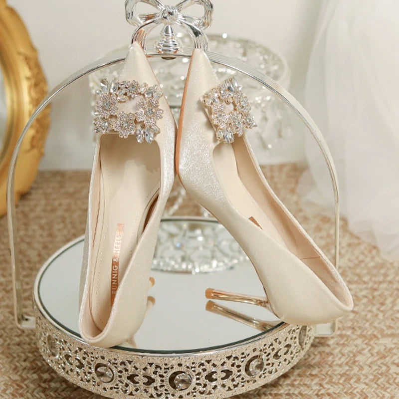 Women's Crystal Square Buckle High Heels Pumps 2024 Elegant Silk Thin Heeled Wedding Shoes Woman Slip On Pointed Toe Dress Shoes