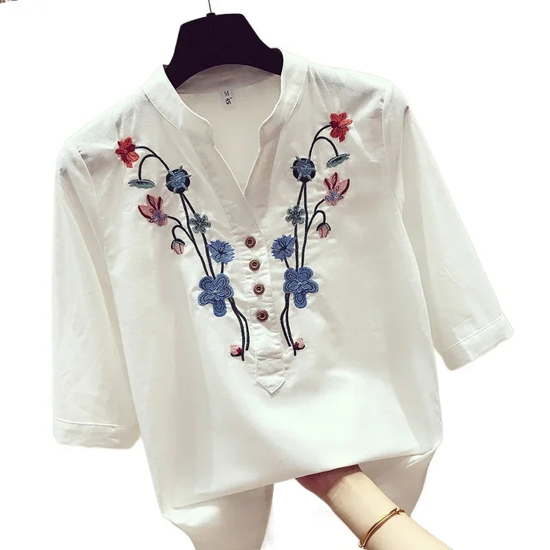 New V-Neck Shirts 2024 Summer Womens Clothes Loose women's Shirts Cotton White Blouse Elegant Embroidery Tops and Blouses 3140