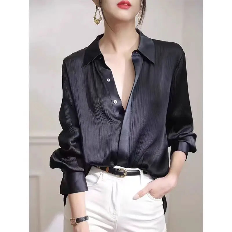 Women's Shirts Spring New Black Satin Texture Loose Long-sleeved Blouse Elegant Office Lady Work Wear Fashion Female Clothing