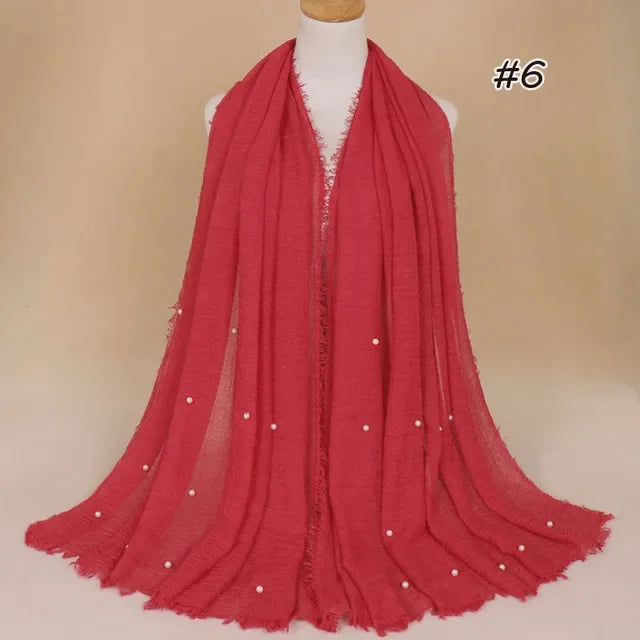Plain Crinkled Cotton Muslim Hijab Scarf Women Ladies Scarfs Shawls Tassel Head Wrap Pearl Beads Head Scarves Soft Muffler Stole