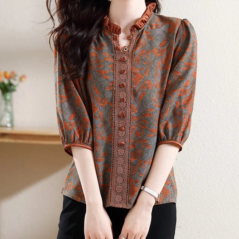 Spring and Summer New Women's Shirts Loose Fashion Casual Printing Pullover Half Neck Button Commuter Elegant Vacation Tops