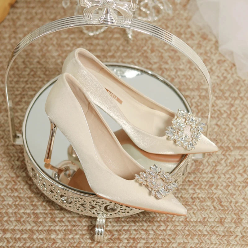 Women's Crystal Square Buckle High Heels Pumps 2024 Elegant Silk Thin Heeled Wedding Shoes Woman Slip On Pointed Toe Dress Shoes