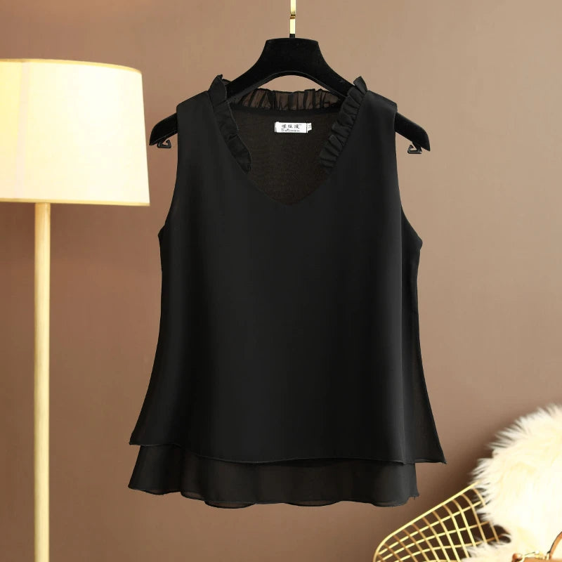 New Summer Loose V-Neck Sleeveless Chiffon Shirts Women's Tops Large Size Women's Shirts Women's Clothes Top  Blusas De Mujer