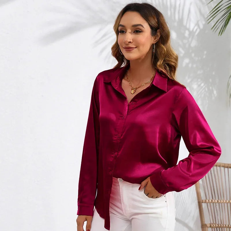Spring and Autumn real photography in Europe and the United States women's solid color satin sateen long-sleeved women's shirts