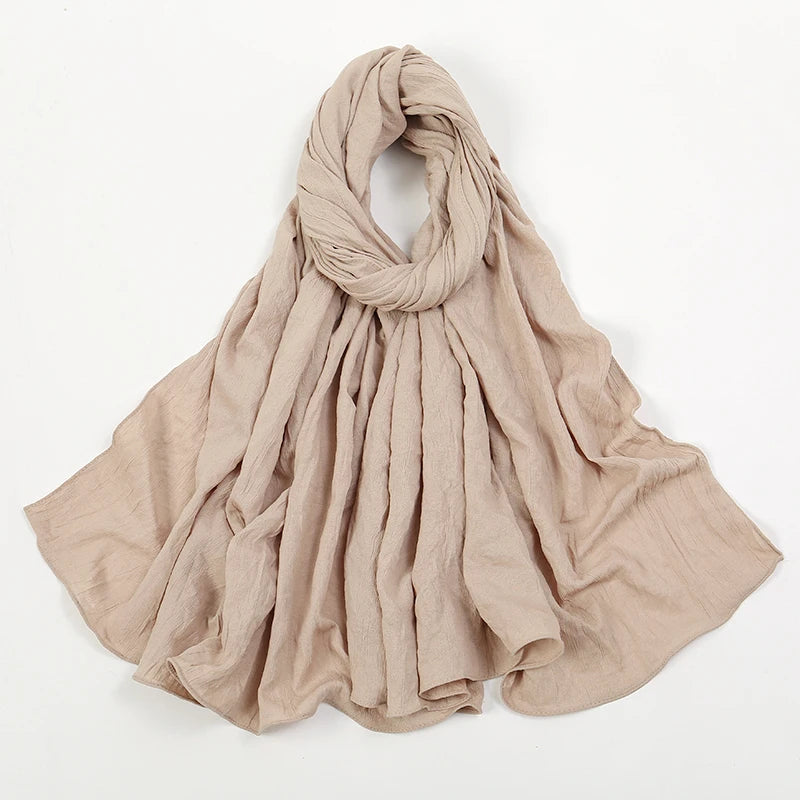 Plain Cotton Feel Wrinkle Hijab Scarf Woman Muslim Hijab Shawls Soft Long Wraps Solid Color Ladies Turban Elegant Headband Stole