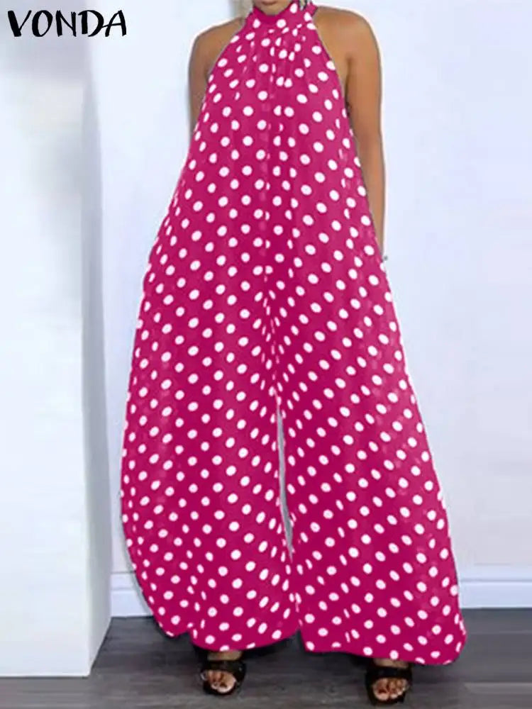 Plus Size 5XL VONDA Women Summer Party Romper Sexy Halter Jumpsuits Casual Sleeveless Polka Dot Printed Bohemian Loose Overalls