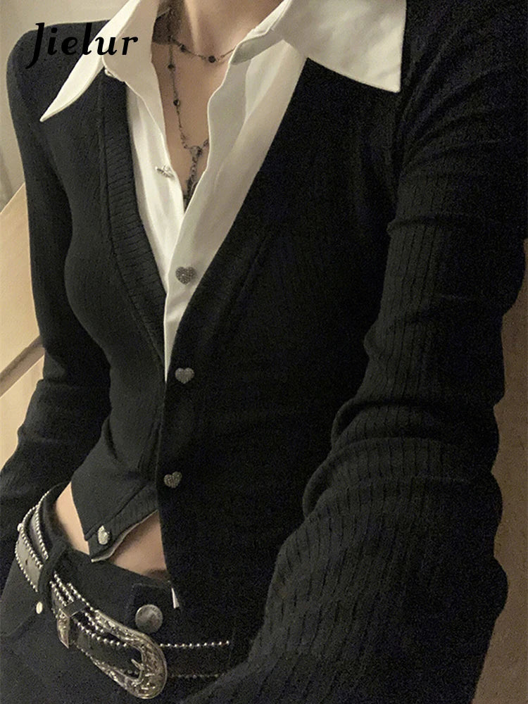 Jielur Sexy Fake Two Piece Set Women's Shirts Office Ladies V-neck Chic Slim Spell Color Single Breasted Fashion Female Shirt